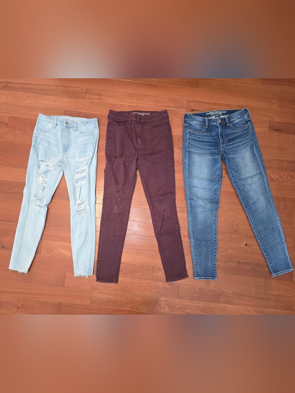 American Eagle Outfitters Skinny Jeans Trio - Light Wash, Maroon, Classic Blue